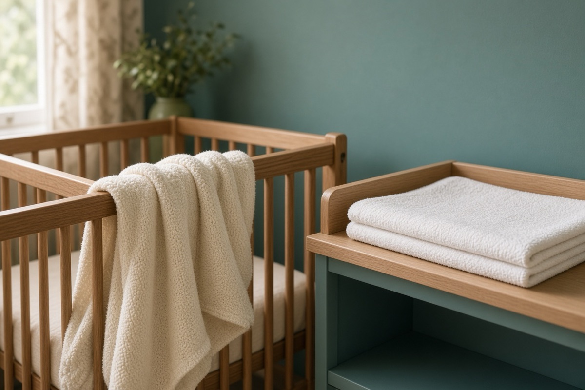Soft blanket and folded bath towel in a nursery, a calm setting for comparing cradle cap vs dry skin