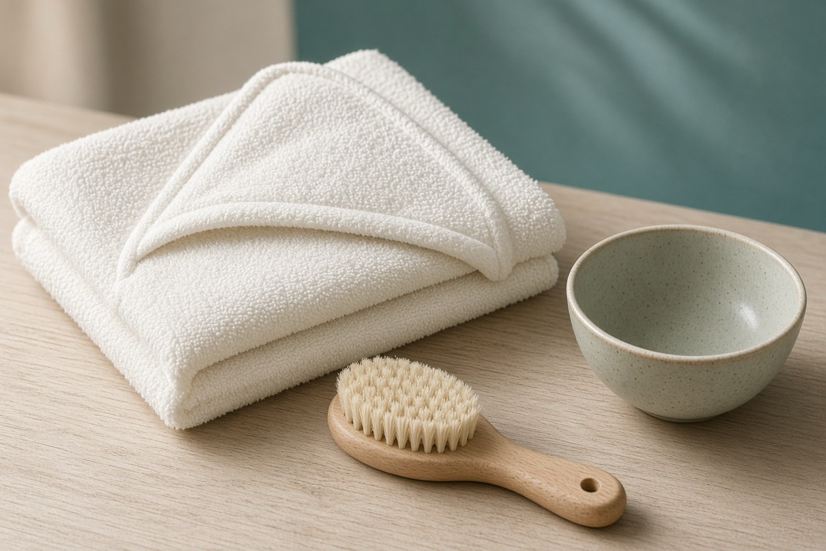 Folded bath towel and a soft brush on a pale surface, simple tools for gentle baby scalp care