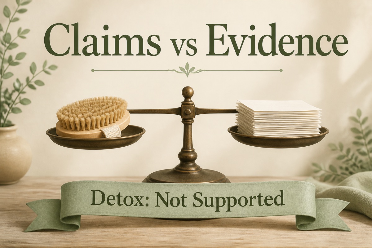 Dry brushing skin claims versus evidence: a balance scale with a body brush and a stack of papers