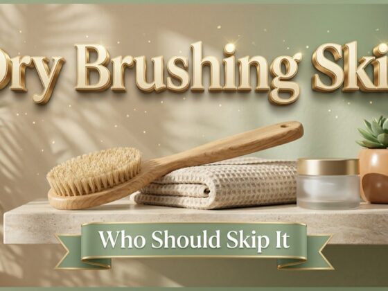 Dry brushing skin: a natural bristle body brush, a folded towel and a jar of cream on a shelf