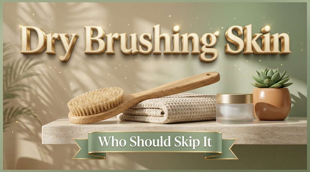 Dry brushing skin: a natural bristle body brush, a folded towel and a jar of cream on a shelf