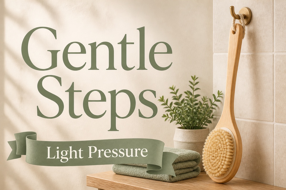 Dry brushing skin gently: a long-handled natural bristle brush with light pressure beside a folded towel