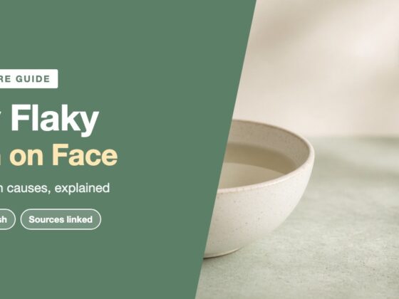 Dry flaky skin on face: a pale bowl of warm water and a washcloth on a sage stone surface