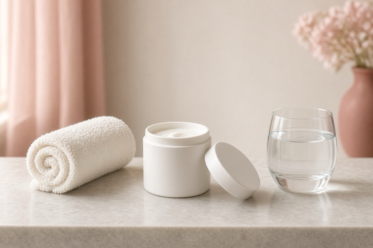 Plain cream jar beside a rolled washcloth on a bathroom shelf