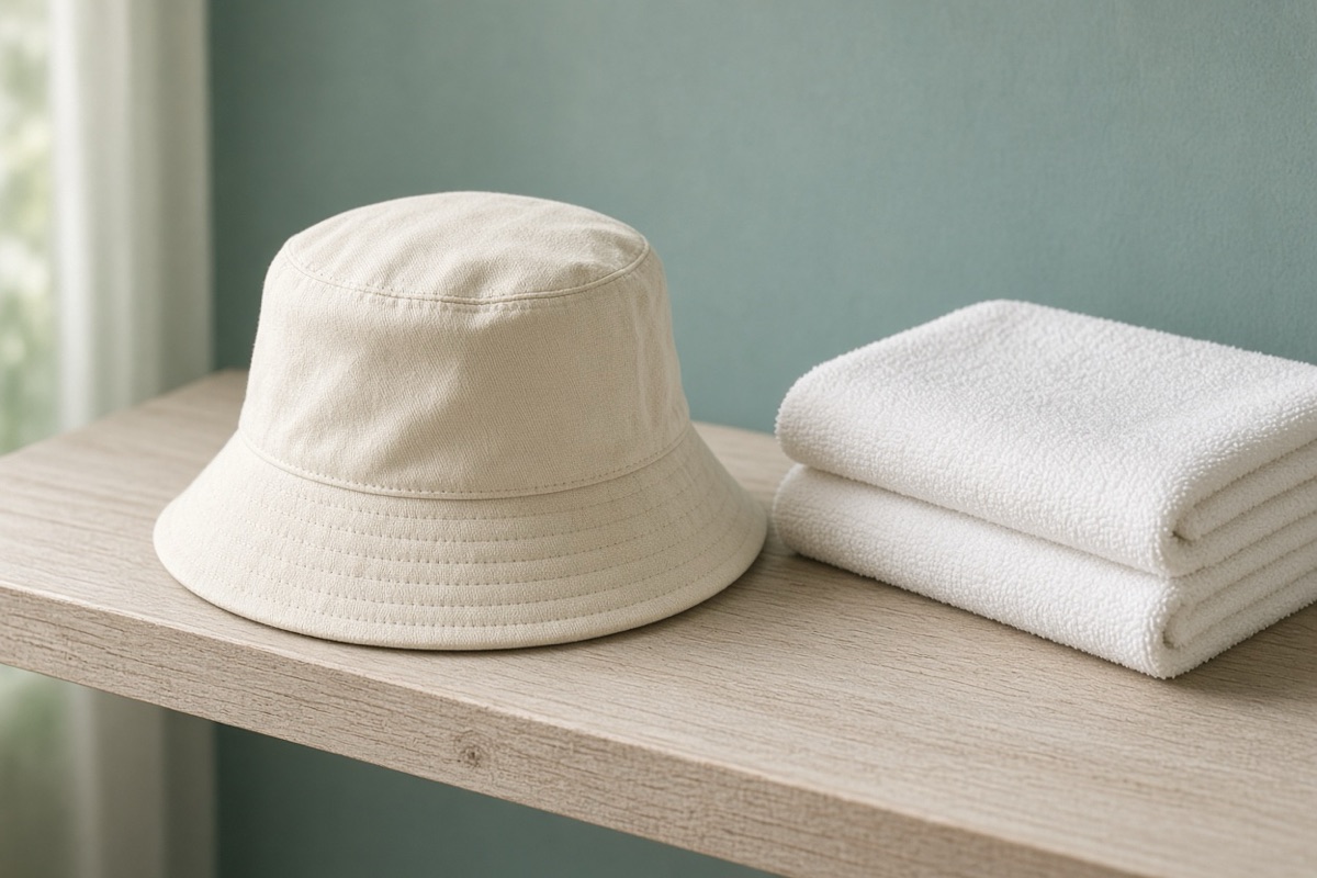 Soft cotton hat and towel on a pale shelf, a gentle approach to dry skin in ears