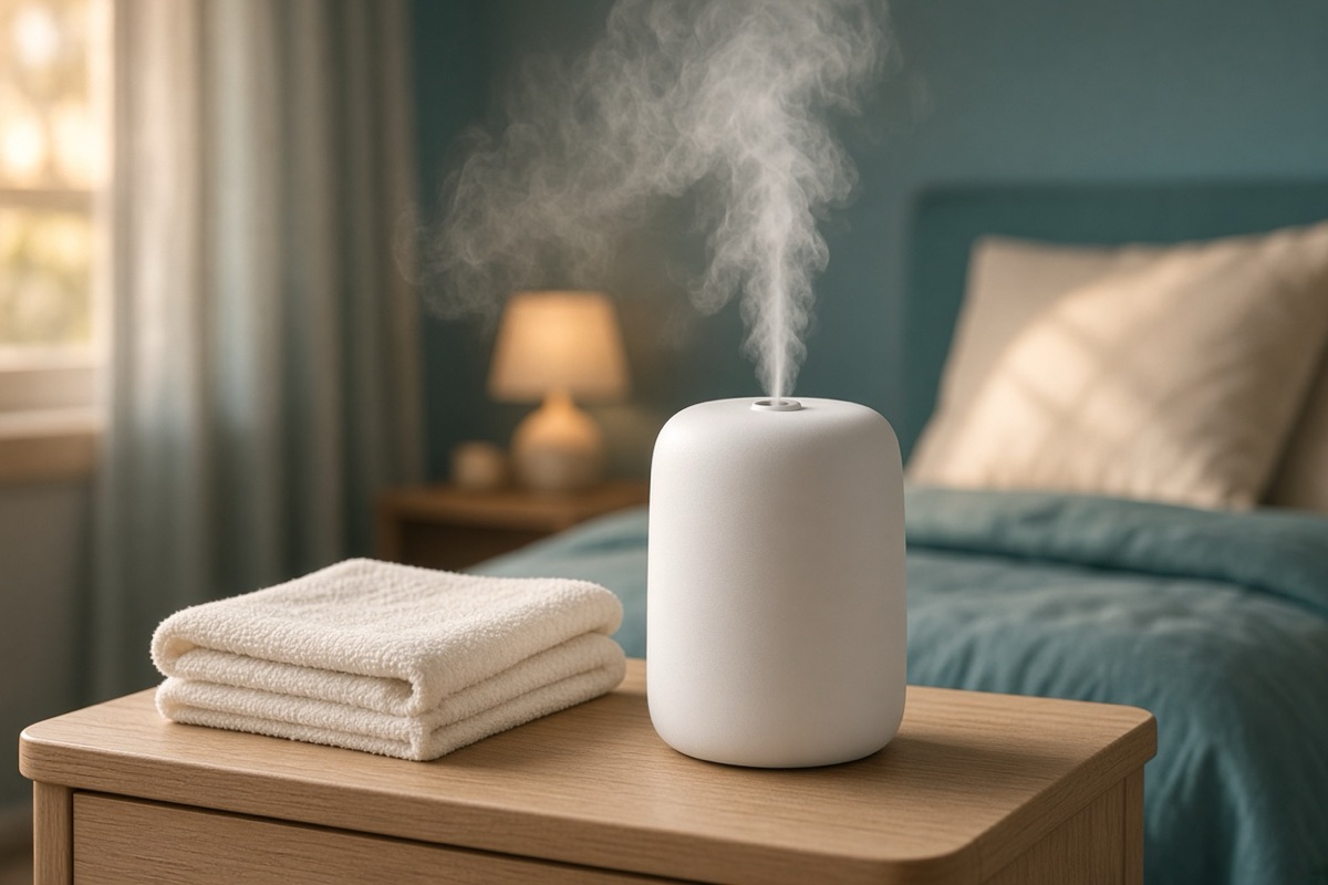 Humidifier beside a folded cotton towel in a quiet bedroom, easing dry skin in ears