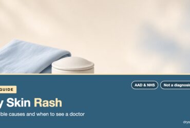 Dry skin rash guide: a folded cotton sleeve beside a ceramic jar on a pale surface