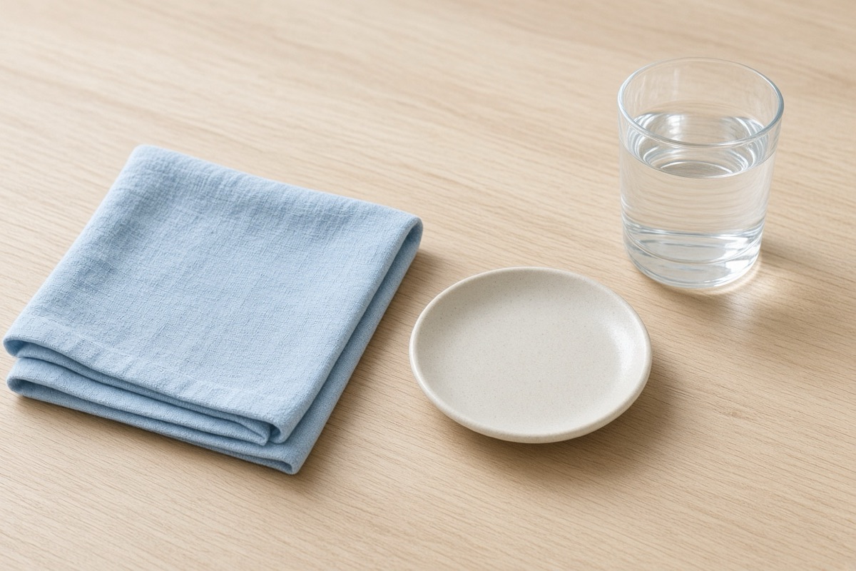 Folded cotton sleeve beside a ceramic jar, a calm setting for caring for a dry skin rash