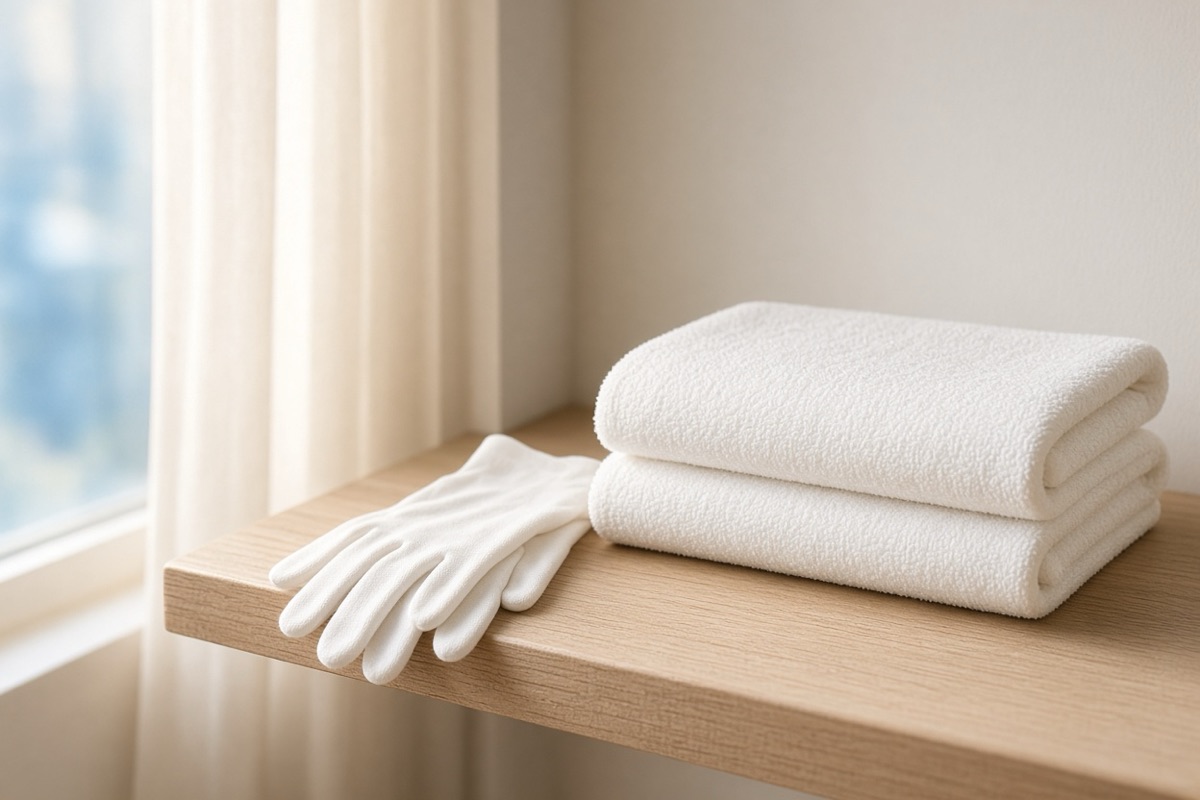 Neatly folded towel and a pair of cotton gloves on a pale shelf