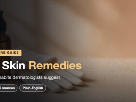 Dry skin remedies: an amber pump bottle and cream cotton gloves on a sand-colored linen surface