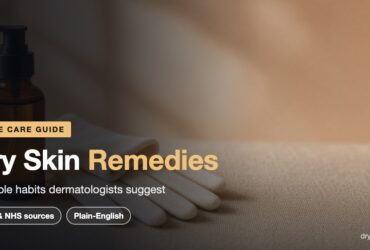 Dry skin remedies: an amber pump bottle and cream cotton gloves on a sand-colored linen surface