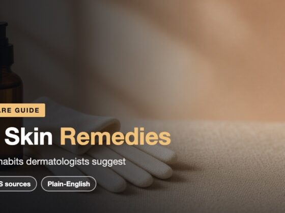 Dry skin remedies: an amber pump bottle and cream cotton gloves on a sand-colored linen surface
