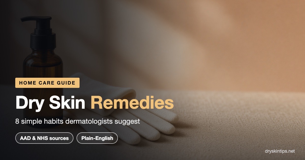 Dry skin remedies: an amber pump bottle and cream cotton gloves on a sand-colored linen surface