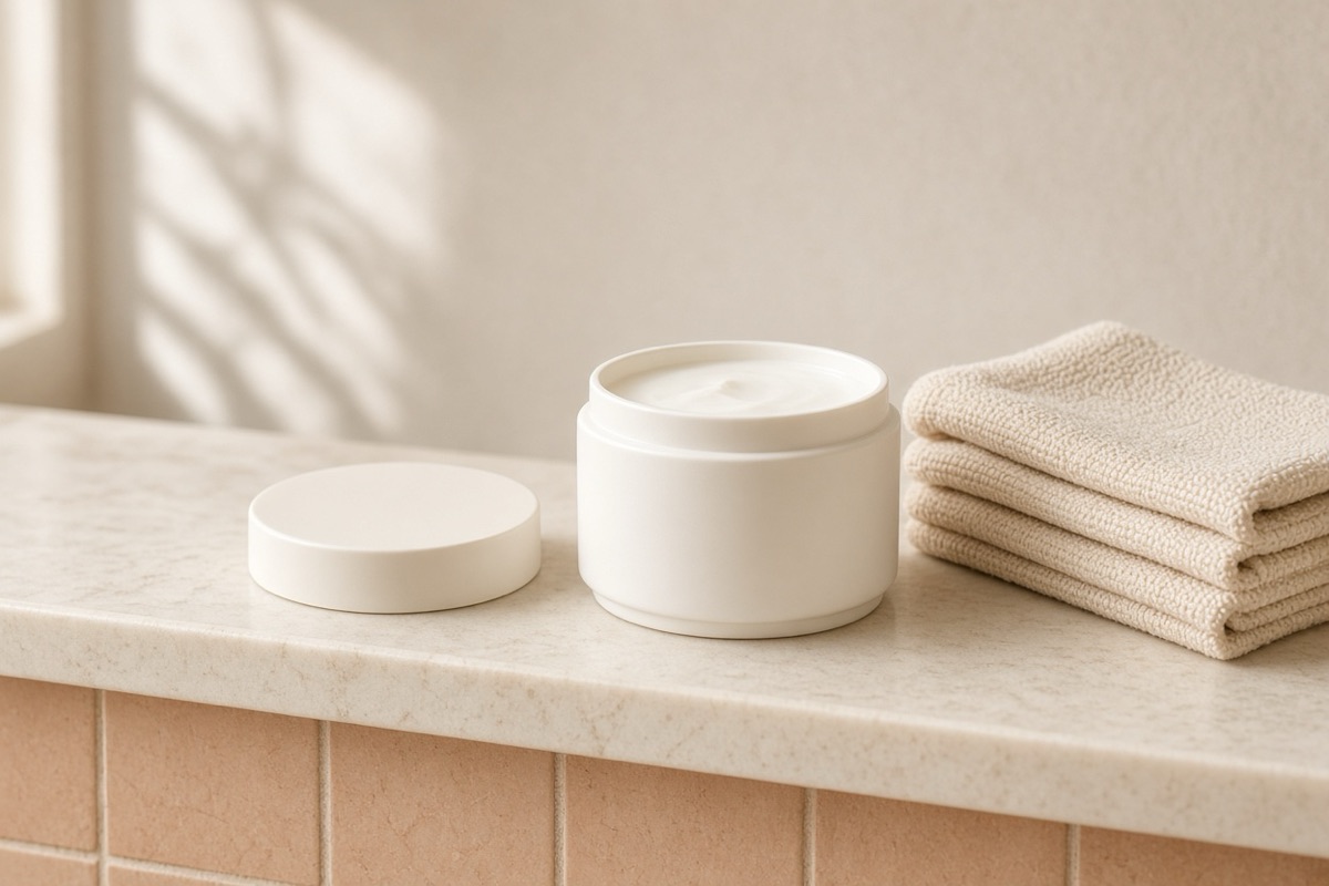 Cream jar and folded cotton cloth, simple dry skin remedies from dermatologists