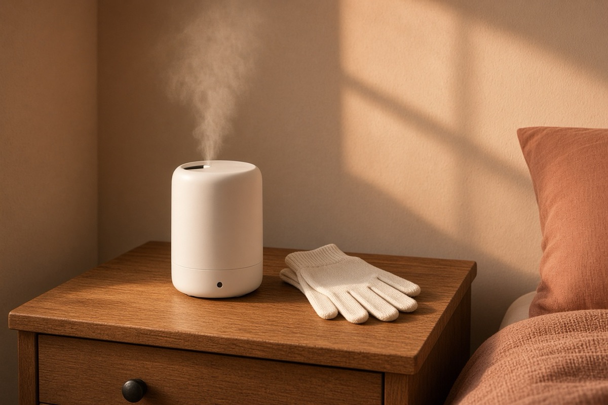 Bedside humidifier and a pair of cotton gloves on a wooden table
