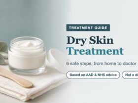 Dry skin treatment: a jar of plain cream, a wooden spatula and a folded towel with a eucalyptus sprig