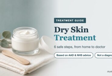 Dry skin treatment: a jar of plain cream, a wooden spatula and a folded towel with a eucalyptus sprig