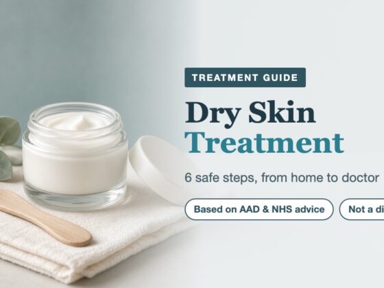 Dry skin treatment: a jar of plain cream, a wooden spatula and a folded towel with a eucalyptus sprig