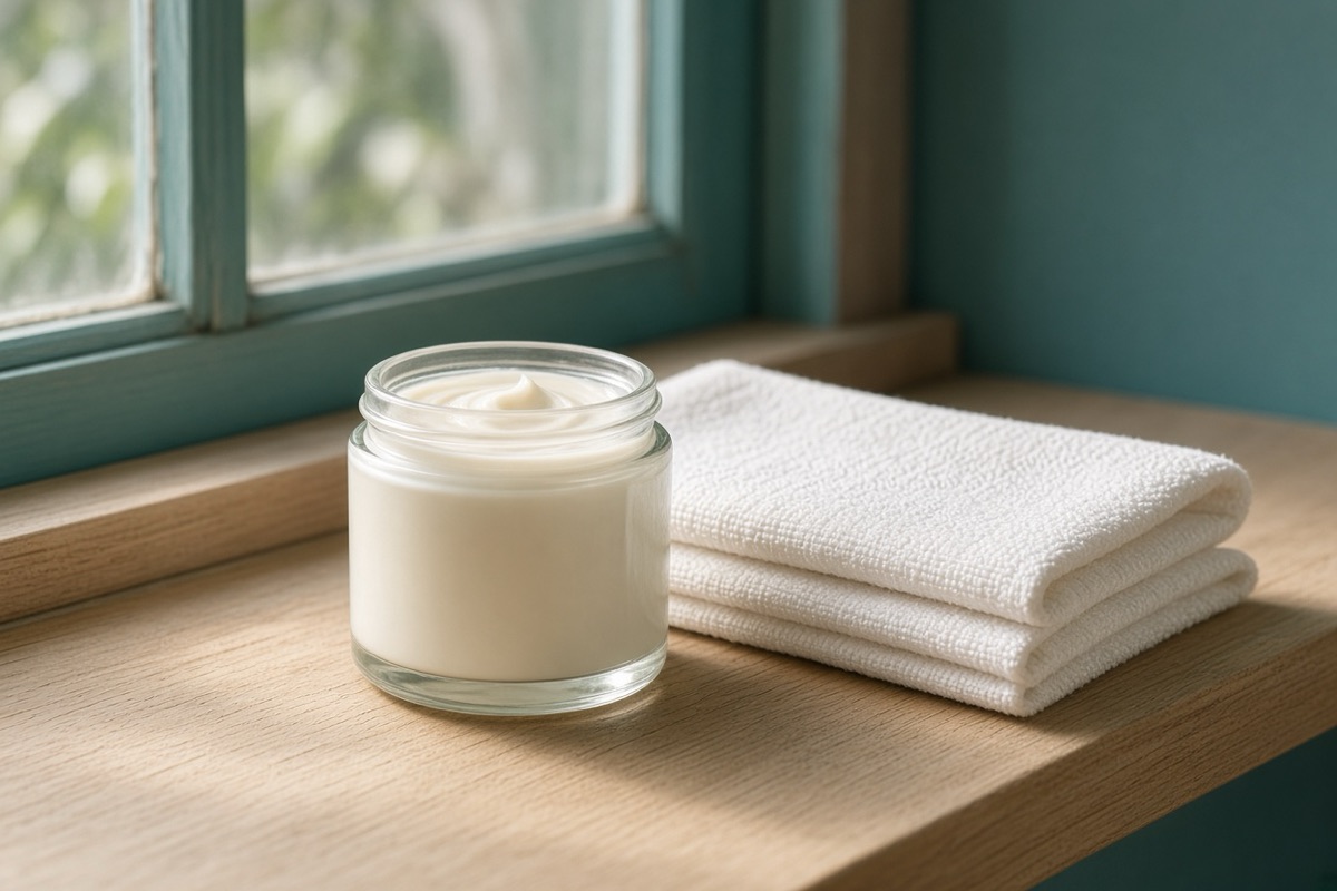 Cream jar and folded cotton towel beside a window, a calm start to dry skin treatment