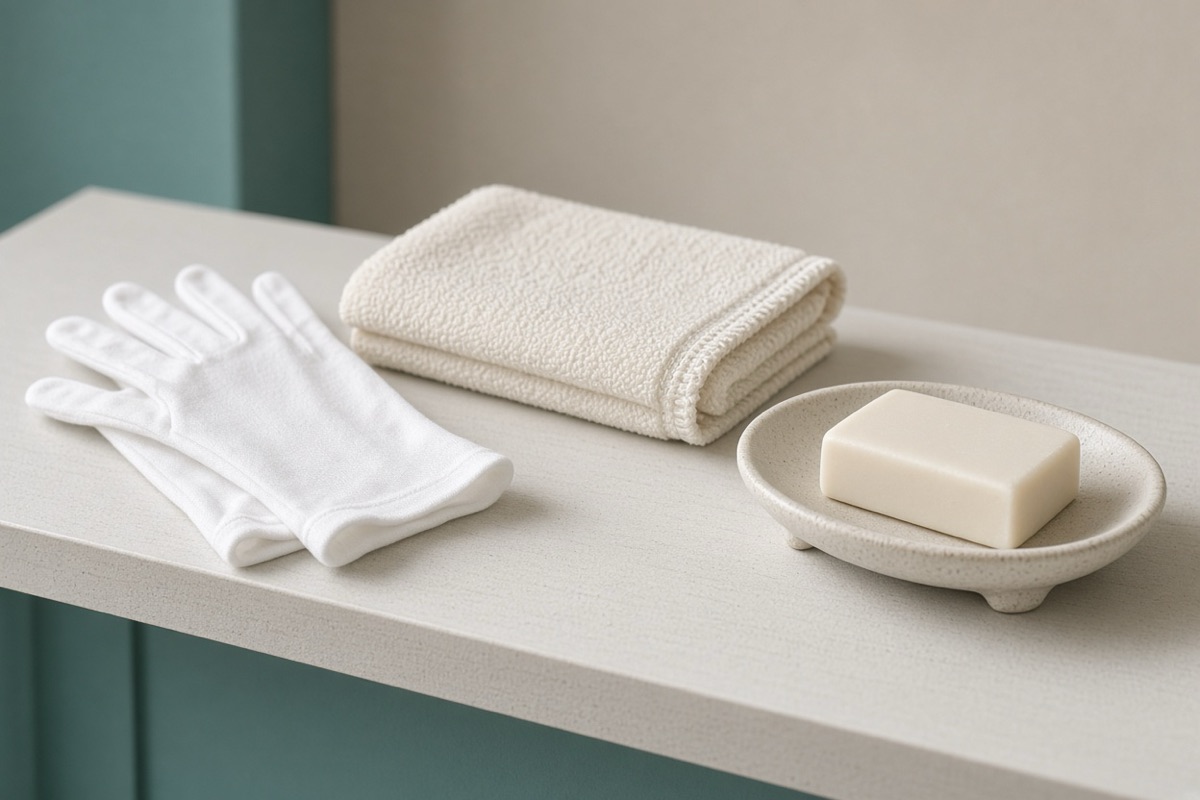 Clean cotton gloves and a small towel on a pale shelf, ready for gentle skin care