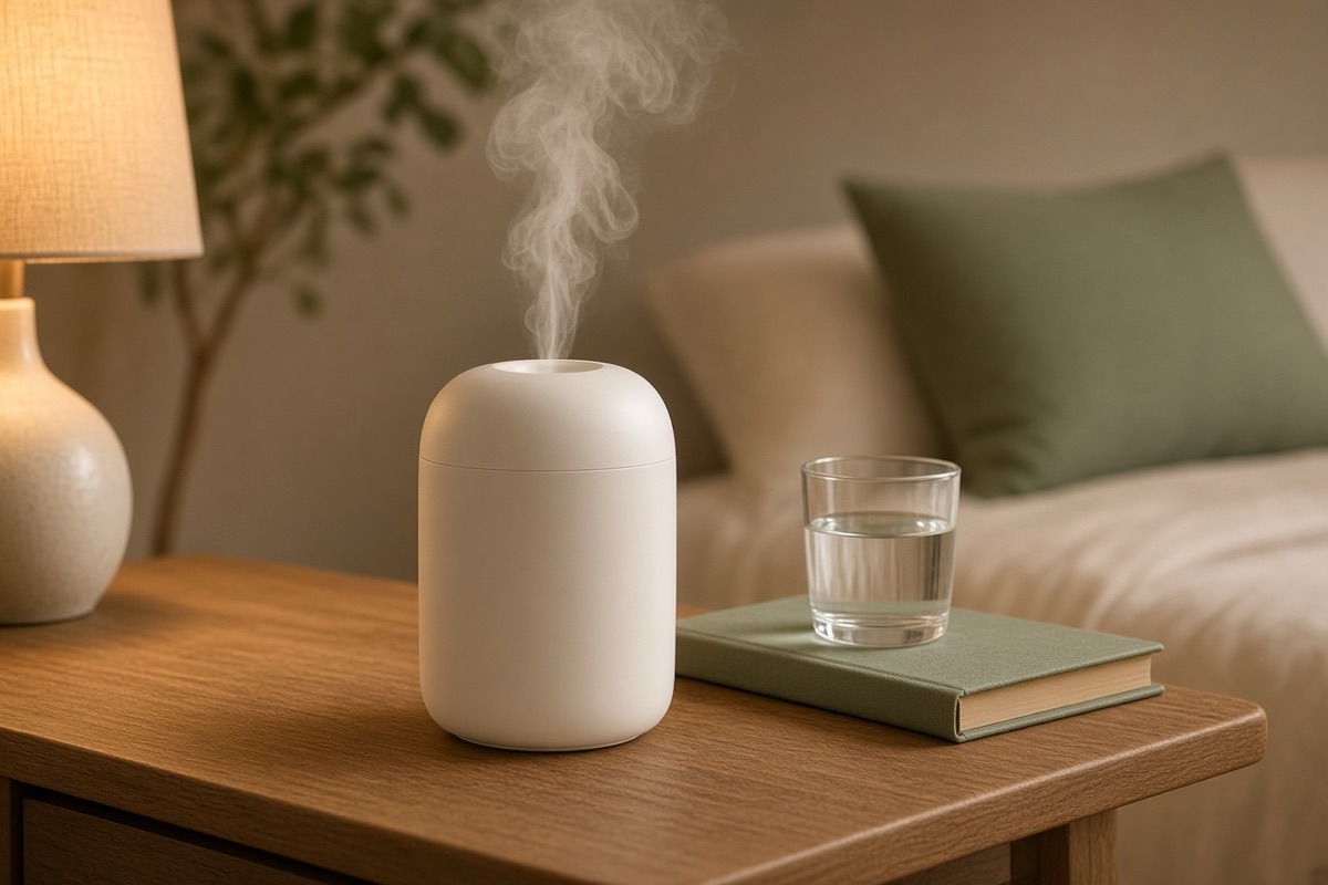 A portable humidifier on a bedside table, a night-time step for dry skin