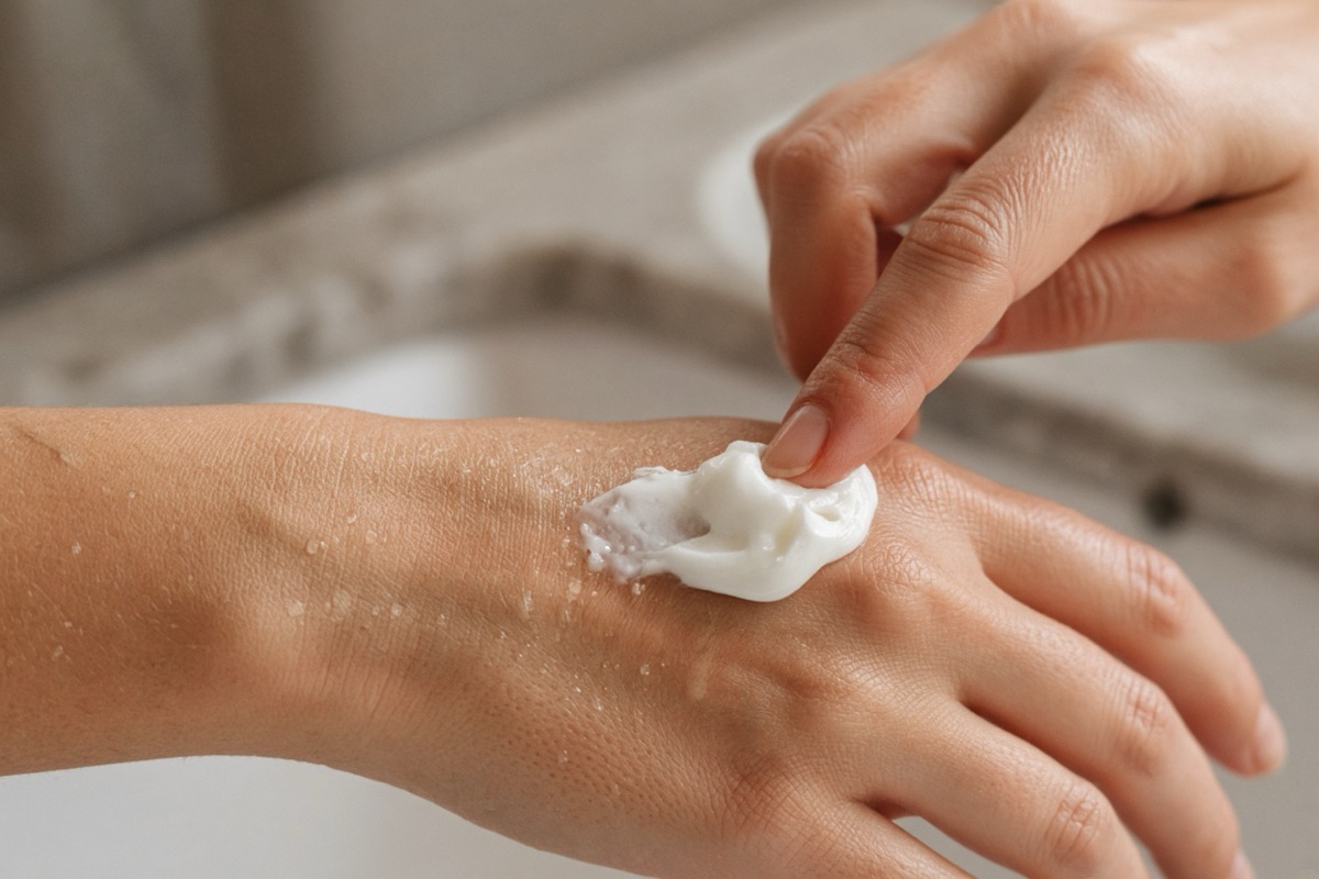 Applying cream to damp skin as part of a skin care routine for dry skin