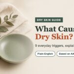 What causes dry skin: a calm flat-lay of cream linen, a sage dish and eucalyptus for a dry skin guide