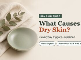 What causes dry skin: a calm flat-lay of cream linen, a sage dish and eucalyptus for a dry skin guide