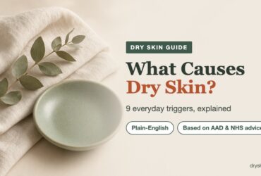What causes dry skin: a calm flat-lay of cream linen, a sage dish and eucalyptus for a dry skin guide