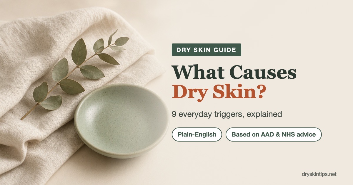 What causes dry skin: a calm flat-lay of cream linen, a sage dish and eucalyptus for a dry skin guide