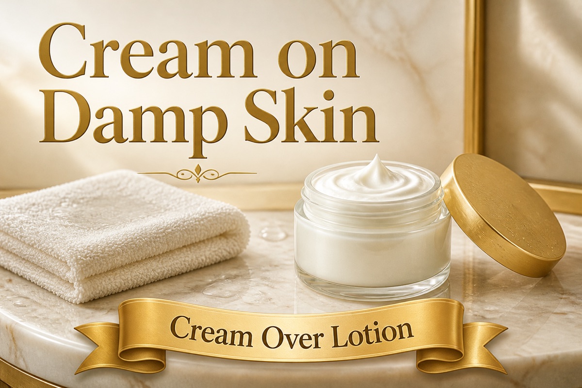 A jar of thick cream next to a damp towel: cream on damp skin in a winter skin care routine for dry skin