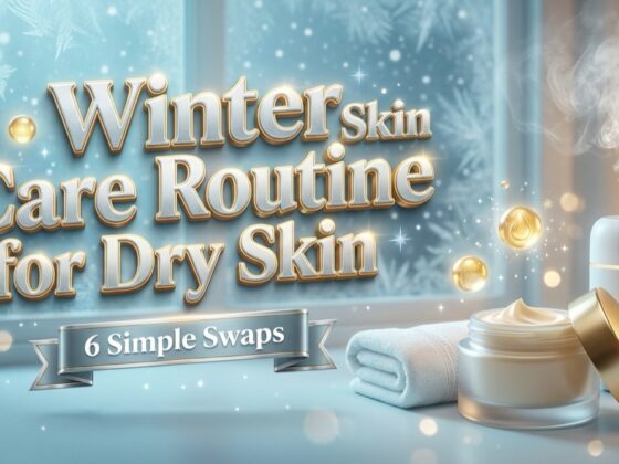 Winter skin care routine for dry skin: a jar of cream, a folded towel and a humidifier by a frosted window