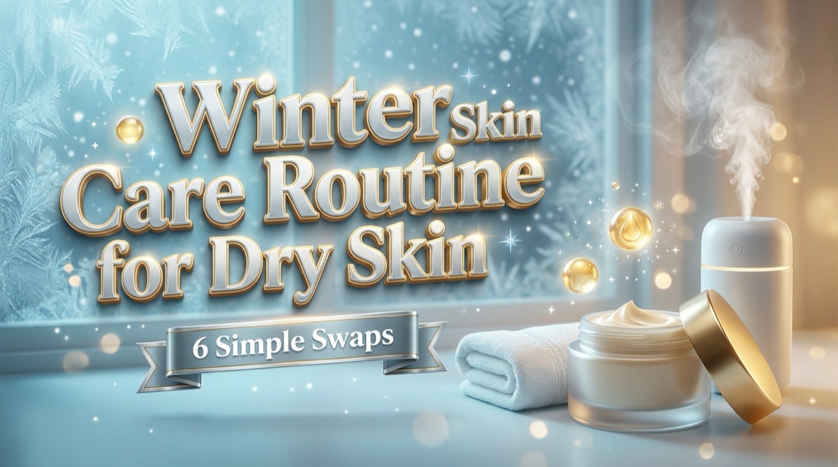 Winter skin care routine for dry skin: a jar of cream, a folded towel and a humidifier by a frosted window